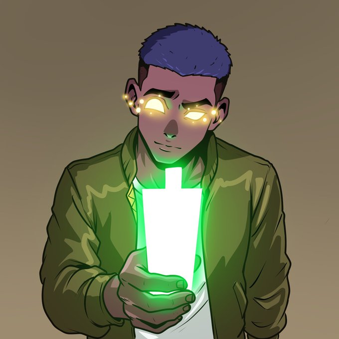 A young man with glowing golden eyes holds a luminous green object resembling a candlestick chart, his face illuminated as he gazes at it with wonder. The image visually captures the post's sentiment of waking up in a bull market—radiant, awe-inspired, and glowing with bullish energy.