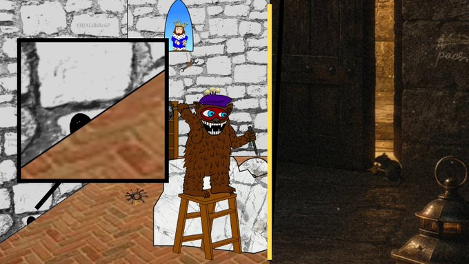 A drawing of a masked, hairy character holding scissors on a stool is displayed, possibly from a stream overlay, alongside a dark in-game screenshot from what appears to be a horror game featuring an ornate lantern on the floor and text reading "peace."