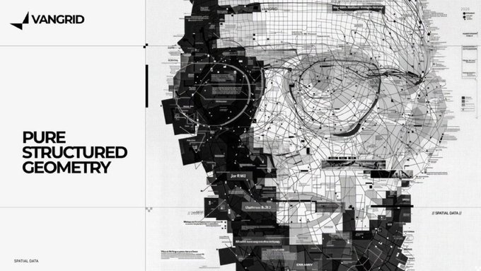A design presentation slide with the 'VANGRID' logo and the title 'PURE STRUCTURED GEOMETRY', featuring an intricate black and white geometric portrait illustration labeled 'SPATIAL DATA'.