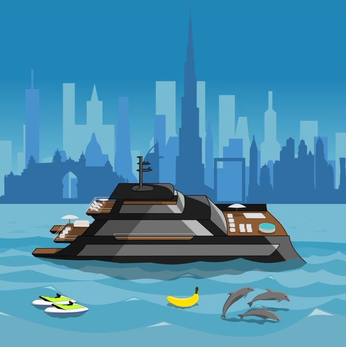 A digital illustration of a futuristic black luxury yacht on blue water with a city skyline in the background, featuring a jet ski, a banana, and three dolphins in the foreground.