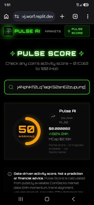 A mobile screenshot of a website displaying 'PULSE SCORE' for 'Pulse AI' on the Solana network, showing a 'WARMING' score of 50 and a price of '$0.000002'.
