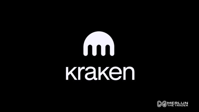The image displays the Kraken logo (white text and octopus-like icon) on a black background, with "MERLIJN THE TRADER" branding in the bottom right corner. The minimalist logo presentation aligns with the post's announcement of Kraken's expanded offerings, specifically the platform's new tokenized stock and ETF collateral features (AAPLx, NVDAx, SPYx, GLDx) for crypto trading.