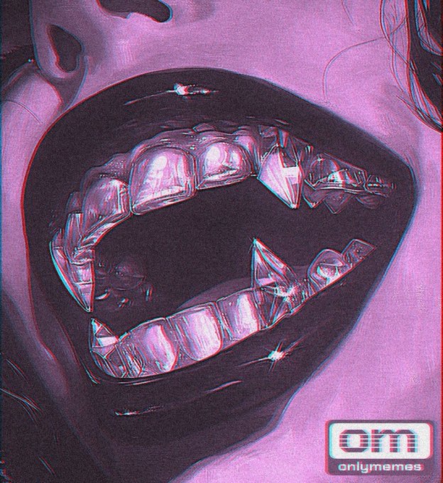 A surreal digital illustration of lips rendered with diamond/crystal-textured teeth, in a pink and dark purple palette with a glitch effect, watermarked 'om onlymemes' in the corner.