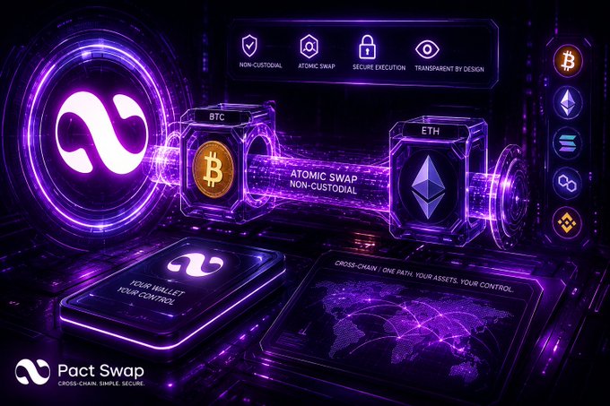 A promotional graphic for 'Pact Swap' shows an atomic swap between BTC and ETH, highlighting features like 'NON-CUSTODIAL', 'ATOMIC SWAP', 'SECURE EXECUTION', and 'TRANSPARENT BY DESIGN'.
