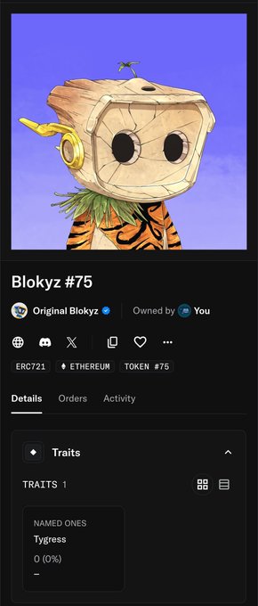 A screenshot of an NFT marketplace page showing 'Blokyz #75' owned by the user, named 'Tygress', with 'ERC721' and 'ETHEREUM' tags visible.