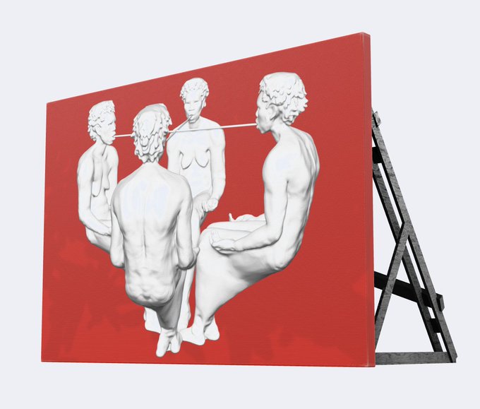 This image displays a digital rendering of the artwork *Origin (billboard)* by Auriea Harvey, featuring white sculptural figures on a solid red background, presented on an easel.