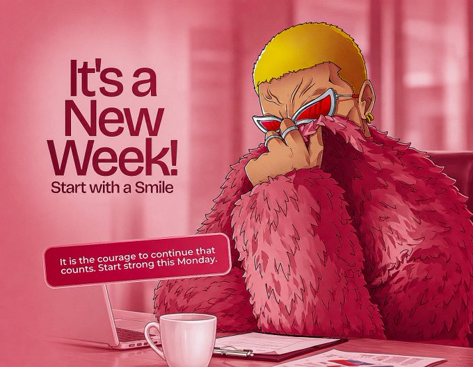 An animated illustration shows a stylish figure with bright yellow hair, red sunglasses, and a pink fur coat seated at a desk with a coffee mug and papers, overlaid with the text "It's a New Week! Start with a Smile" and a message reading "It is the courage to continue that counts. Start strong this Monday." The image's upbeat Monday-motivation vibe complements the post's positive tone as the author looks ahead to a new trading week featuring a token generation event (TGE) and an upcoming bounty.