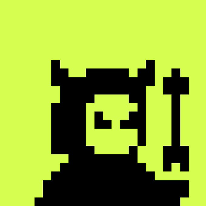 A pixel art illustration of a black devil-like character with horns on a yellow-green background, standing next to a pixelated trident.