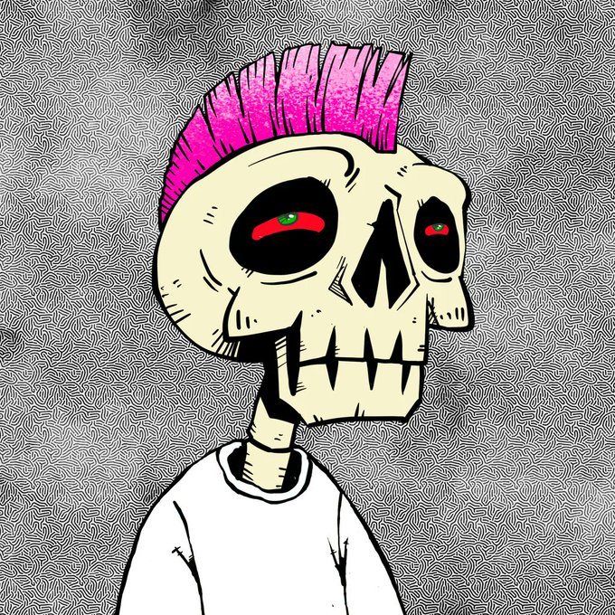 A stylized cartoon skull character with a bright pink mohawk and glowing green and red eyes against a patterned gray background.