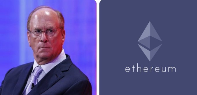 A split image showing BlackRock CEO Larry Fink on the left and the Ethereum (ETH) logo on a blue background on the right.