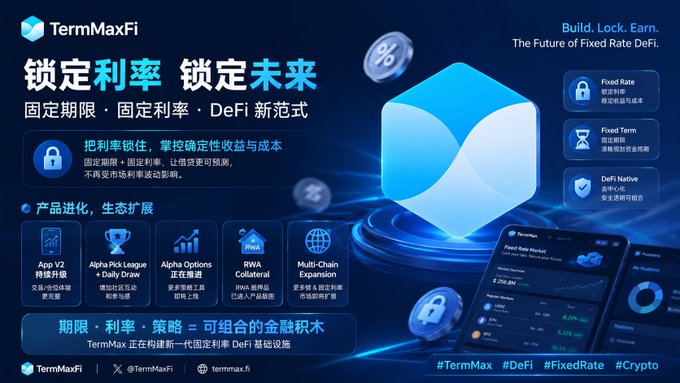 A blue promotional banner for TermMaxFi DeFi platform with Chinese text promoting locked interest rates, showing products like App V2 and Alpha Pick League, with the tagline '锁定利率 锁定未来' (Lock Interest Rate, Lock Future).