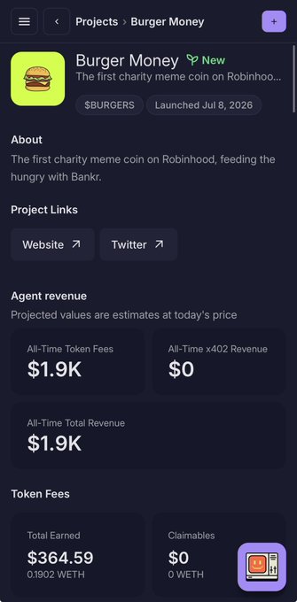 The image displays the project page for "Burger Money" ($BURGERS), described as the first charity meme coin on Robinhood launched on July 8, 2026. It shows key metrics including $1.9K in all-time total revenue and 0.1902 WETH ($364.59) in total earned token fees, with Website and Twitter links provided.