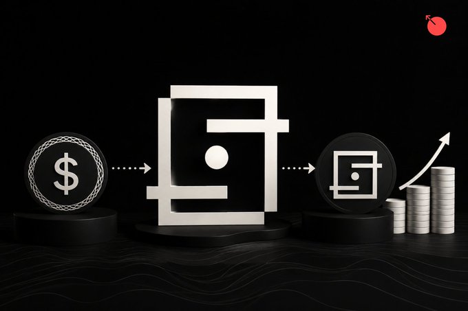 A black and white infographic showing a dollar coin, a wallet icon, another wallet, and stacked coins with an upward arrow, depicting a financial transaction or growth process.