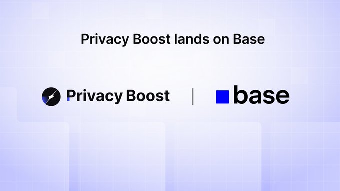A promotional graphic with a light purple grid background that reads 'Privacy Boost lands on Base' featuring the Privacy Boost and Base logos.