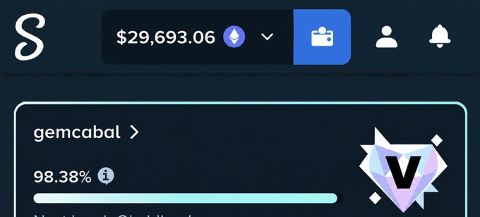 Screenshot showing an account balance of $29,693.06 in Ethereum on what appears to be a crypto platform, with 'gemcabal' displayed at 98.38% and a V logo/badge.