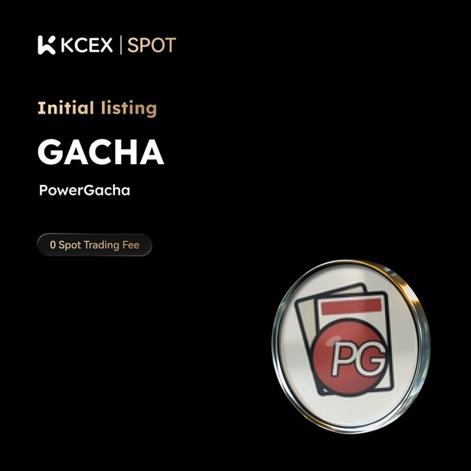 The image features a black background with white text that reads "KCEX initial listing GACHA PowerGacha @GACHA is a Solana memecoin blending gacha draws with Pokémon TCG elements, launched via a fair-launch bonding curve model. Deposits: Opened GACHA/USDT Trading Starts: 2026-06-01 2:30 (UTC)". The image also includes a small logo of a red circle and a white square that says "PNG" on it.