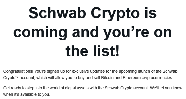 The image features a screenshot of an email from Schwab Cryptocurrency, which appears to be promoting Bitcoin and Ethereum. The email contains information about the early adoption list for these digital assets, stating that users can sign up for exclusive updates on the upcoming launch of the Schwab Cryptocurrency account. The email also mentions that users will have access to digital assets with the account, allowing them to buy and sell Bitcoin and Ethereum.