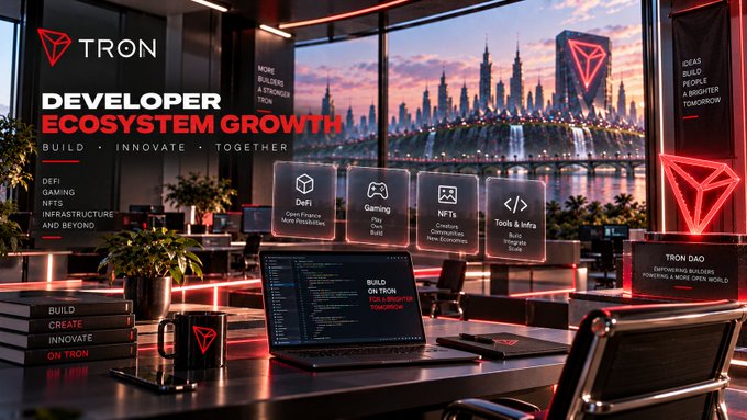 A promotional graphic for TRON titled 'DEVELOPER ECOSYSTEM GROWTH,' featuring a futuristic workspace with a laptop and labeled sections for DeFi, Gaming, NFTs, and Tools & Infra.