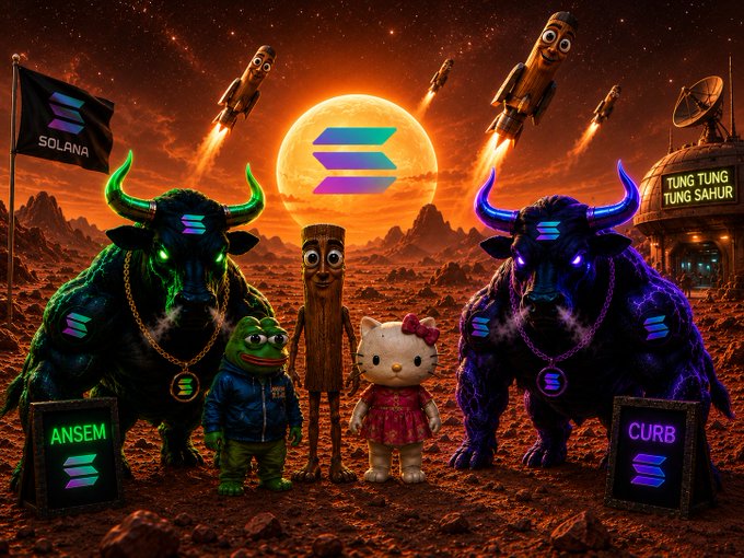 A vibrant Solana-themed scene on a Mars-like landscape features two glowing bull statues flanking a group of mascot characters (including a frog, a stick figure, and Hello Kitty), with rockets launching toward a large Solana logo in the sky. Visible text includes "SOLANA," "ANSEM," "CURB," and "TUNG TUNG TUNG SAHUR," tying directly to the tickers $SOL, $ANSEM, $CURB, $TripleT, and $KITTY mentioned in the bullish good-morning post.