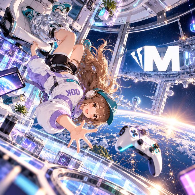 Anime-style digital artwork featuring a girl floating in a futuristic space station with Earth visible in the background, reaching for a white game controller, with a stylized 'M' logo in the corner.
