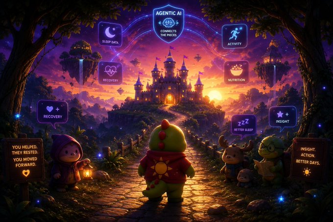 A fantasy illustration shows a green dragon-like character and other friends walking toward a castle, with a central "AGENTIC AI" banner connecting floating icons labeled "SLEEP DATA", "ACTIVITY", "RECOVERY", "NUTRITION", "BETTER SLEEP", and "INSIGHT", while signs read "YOU HELPED. THEY RESTED. YOU MOVED FORWARD." and "INSIGHT. ACTION. BETTER DAYS."