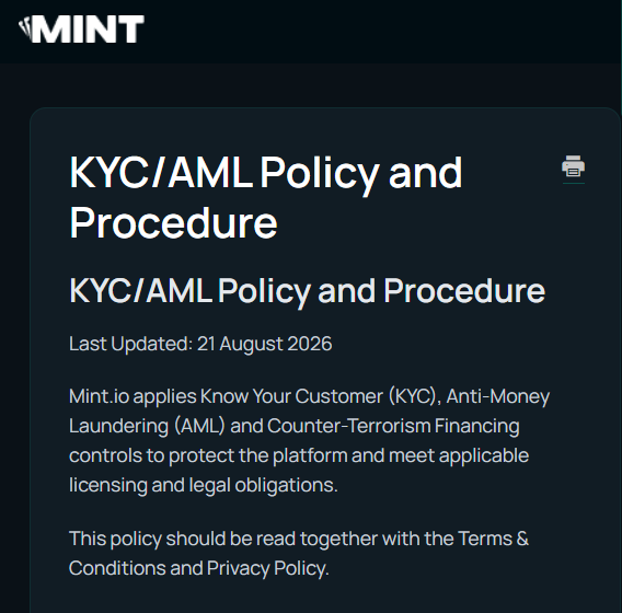 The image displays a section from PlayOnMint's policy page titled "KYC/AML Policy and Procedure," last updated on 21 August 2026, outlining the platform's Know Your Customer and Anti-Money Laundering compliance measures. The accompanying post highlights the importance of separating identity verification from wallet control, emphasizing that users should be able to prove ownership of a self-custody wallet without surrendering their private keys or seed phrases—aligning with the KYC/AML controls referenced in the policy shown.