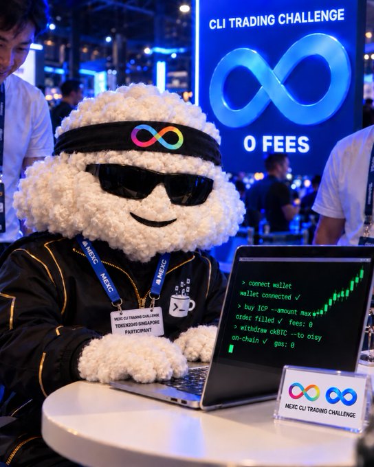 A fluffy white mascot wearing sunglasses and a headband sits at a laptop displaying a CLI Trading Challenge script, with a "MEXC CLI TRADING CHALLENGE - 0 FEES" sign in the background.