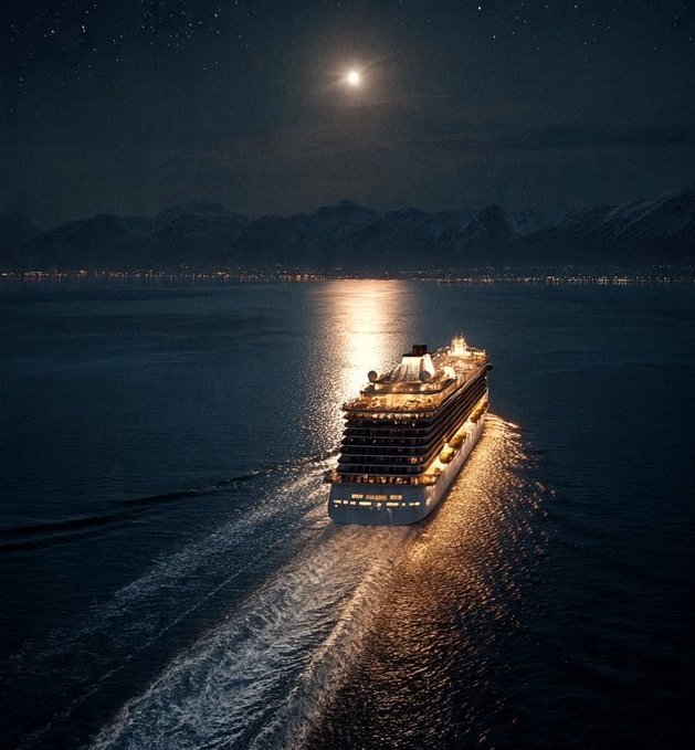 A cruise ship sailing through dark waters at night under a bright moonlit sky, with mountains visible on the distant horizon and a glowing wake trailing behind.