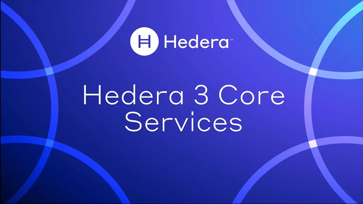 The image is a promotional graphic for Hedera featuring the company logo at the top and the text "Hedera 3 Core Services" centered on a blue background with curved decorative lines. It supports the accompanying post by visually introducing Hedera's three core network services—Token, Smart Contract, and Consensus—on a single branded slide.