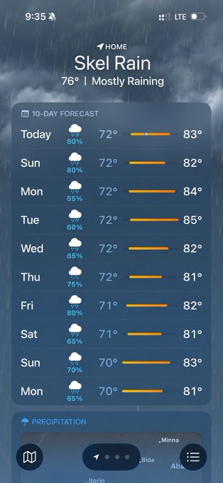 A weather app showing a 10-day forecast for 'Skel Rain' location with 76° and 'Mostly Raining' conditions, displaying rainy days with 55-85% precipitation chances and temperatures ranging from 70-85°.
