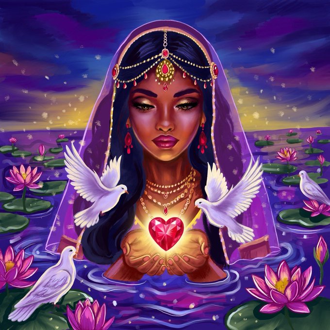 A vibrant digital illustration features a woman adorned with gold and red jewelry and a purple veil, holding a glowing red heart in her hands, surrounded by white doves and pink lotus flowers floating on water.