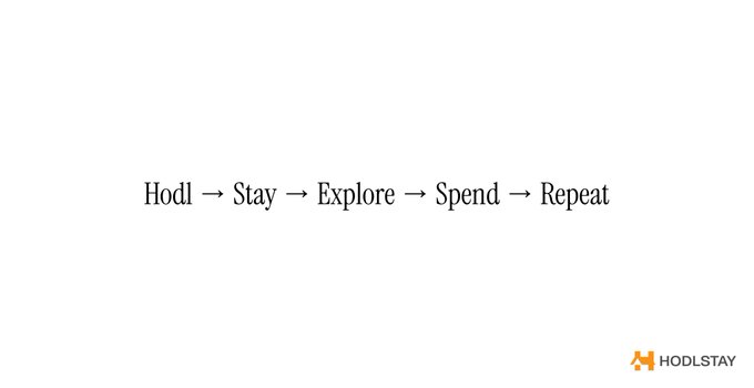 A minimalist white slide reads "Hodl → Stay → Explore → Spend → Repeat" with a HODLSTAY logo in the bottom right corner.
