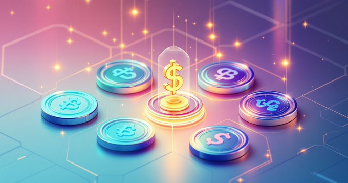 A colorful digital illustration of stacked coins with dollar and other currency symbols arranged in a circle on a glowing blue circuit-like background.