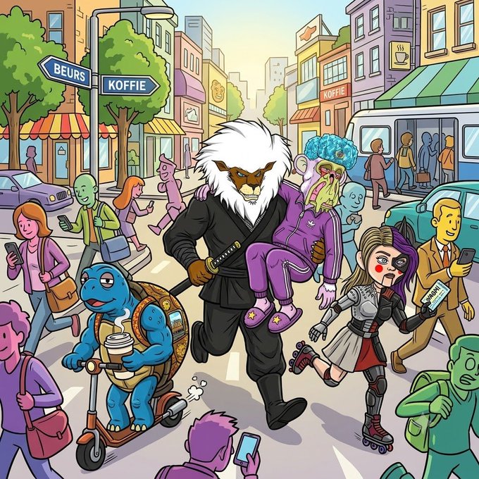 A colorful cartoon street scene with diverse characters including a white-maned anthropomorphic lion in a suit carrying a green creature, a turtle on a scooter, and a girl on roller skates, with signs reading 'BEURS' and 'KOFFIE'.