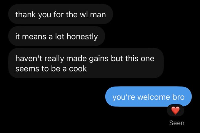 A text message exchange shows a grateful recipient replying "thank you for the wl man... it means a lot honestly" to a "you're welcome bro" reply. The conversation ties to the post's caption about hunting whitelist (WL) spots for followers, highlighting a successful WL referral and the community-minded spirit behind the effort.