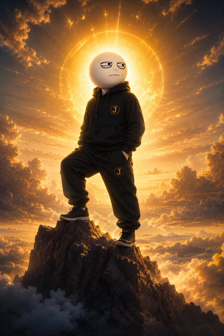 A digital artwork of an emoji-faced character in a black tracksuit standing triumphantly on a rocky peak against a dramatic golden sunset sky with sunburst rays.