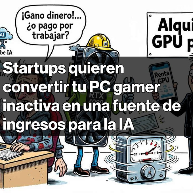 A Spanish-language illustrated meme about startups wanting to rent out gamers' PCs for AI income, featuring a speech bubble saying '¡Gano dinero!... ¿o pago por trabajar?' alongside GPU rental imagery.