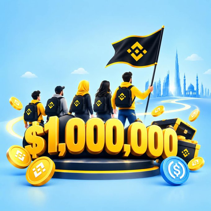 A bright promotional illustration shows five people from behind with black-and-yellow Binance-branded backpacks, one holding a black flag with a yellow logo. Large gold text in the foreground reads “$1,000,000,” surrounded by crypto-style coins and a blue skyline.