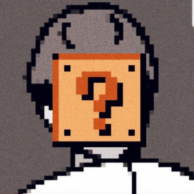 A pixelated image of a character with a question mark block covering their face, evoking classic video game aesthetics.