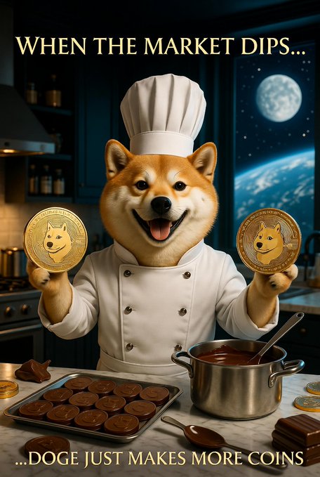 A cheerful Shiba Inu dressed as a chef proudly holds two Dogecoin coins in a kitchen, with the caption "WHEN THE MARKET DIPS... ...DOGE JUST MAKES MORE COINS" reinforcing the post's message that "1Doge = 1Doge" — no matter the market, the supply of Dogecoin keeps "cooking" up.