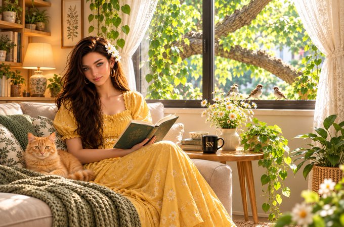 A young woman in a yellow dress sits on a white couch reading a book, accompanied by an orange cat, in a cozy room filled with plants and daisies.