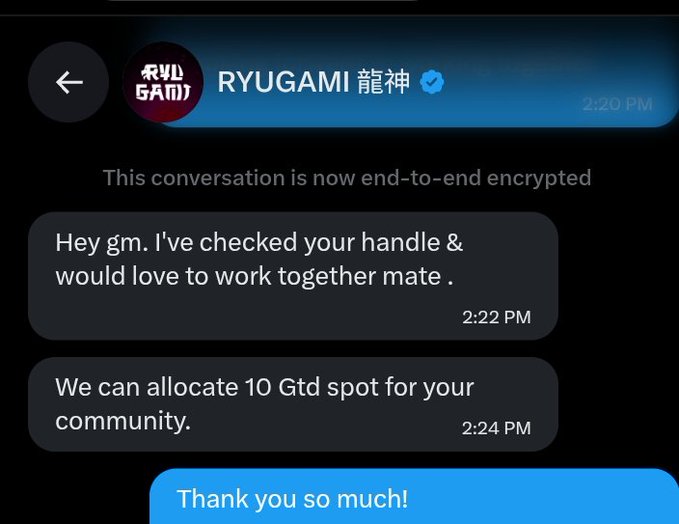 A direct message conversation with RYUGAMI 龍神 showing confirmation of 10 GTD spots being allocated for the community, with the user replying "Thank you so much!" — illustrating the successful giveaway communication referenced in the post about securing NFT mint spots.