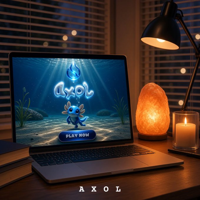 A laptop sits on a wooden desk next to a glowing salt lamp and a lit candle in a cozy room, displaying an underwater-themed splash screen for a game or app called 'AXOL' featuring a cartoon axolotl and a 'PLAY NOW' button.