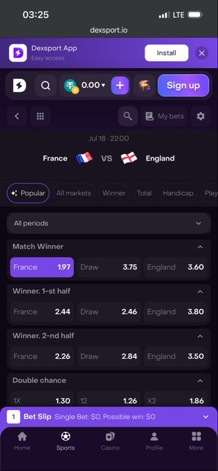 A screenshot of the Dexsport.io mobile interface showing betting odds for the France vs. England third-place match on July 18 at 22:00, with France favored at 1.97, a draw at 3.75, and England at 3.60, alongside a bet slip showing a $0 single bet on France. The image supports the post's praise for Dexsport by highlighting its clean layout, competitive odds, and accessible betting markets during the World Cup's final stage.