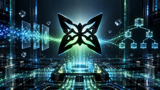 Futuristic digital graphic showing a glowing butterfly logo floating above a circuit-board platform, with holographic screens and networked data cubes on either side.