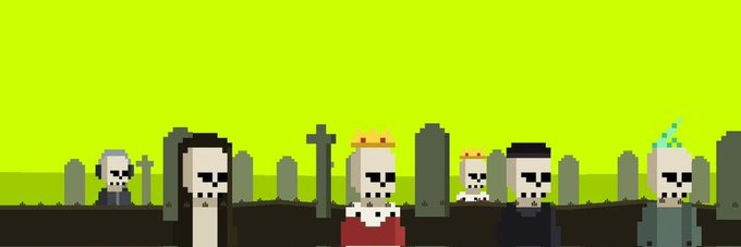 A pixel art graveyard scene features several skeleton characters, including one wearing a crown and another in a wizard hat, standing among tombstones against a lime green background. The image appears to be thematic artwork accompanying a giveaway promotion for "GTD spots" by @RHBrokersNFT, where followers can enter by dropping their EVM addresses.
