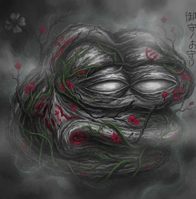 A dark, misty scene depicts a large, weathered, tree-like face with closed eyes, covered in green vines and red flowers, with the Japanese text '御守り' (Omamori) visible in the top right corner.