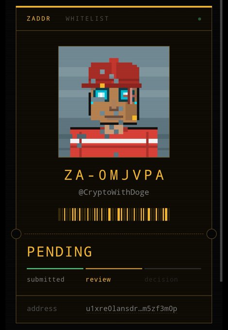 A 'ZADDR WHITELIST' application screen for the pixel-art character ZA-0MJVPA (@CryptoWithDoge), showing a 'PENDING' status in review with a partial wallet address.