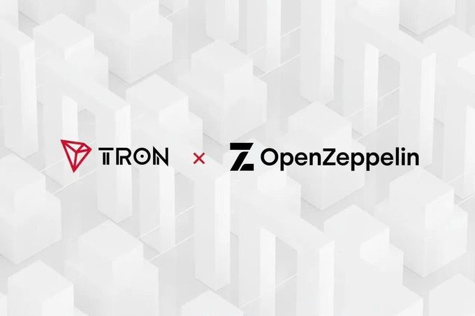 The image displays a partnership announcement graphic featuring the "TRON" logo (with its red diamond emblem) alongside the "OpenZeppelin" logo, separated by a red "x" symbol, set against a minimalist 3D background of white geometric blocks. This visual reinforces the announcement that OpenZeppelin is expanding its smart contract security libraries and developer tools to the TRON network.