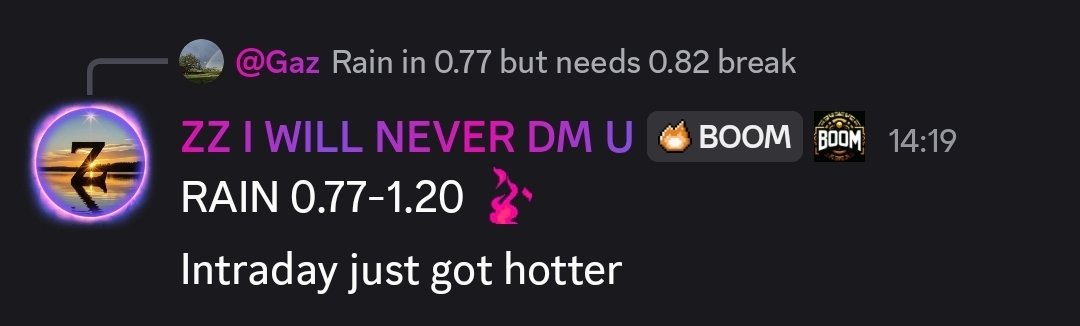A Discord-style screenshot showing a reply from '@Gaz' saying 'Rain in 0.77 but needs 0.82 break' above a message that reads 'ZZ I WILL NEVER DM U 💥 BOOM BOOM 14:19 / RAIN 0.77-1.20 💃 / Intraday just got hotter'.